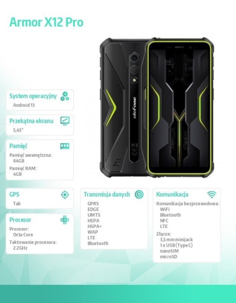 ULEFONE Smartfon Armor X12 Pro 4G 4/64GB IP69K zielony