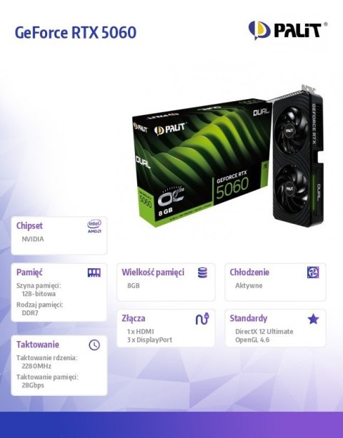Palit Karta graficzna GeForce RTX 5060 DUAL OC 8GB GDDR7 128bit 3DP/HDMI