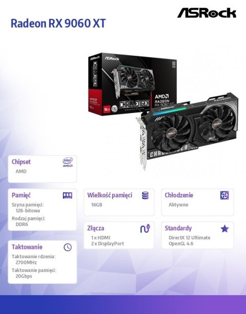 ASRock Karta graficzna Radeon RX 9060 XT CHALLENGER 16GB GDDR6 128bit 2DP/HDMI