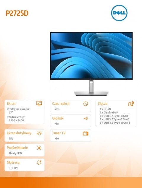 Dell Monitor 27 cali P2725D IPS QHD LED/16:9/HDMI/DP/USBC/3Y