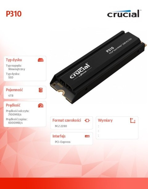 Crucial Dysk SSD P310 4TB M.2 NVMe PCIe 4.0 2280 radiator