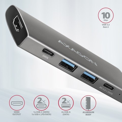 AXAGON HMC-5G21 Wieloportowy hub USB 5in1, 10Gbps, 2x USB-A + 2x USB-C + HDMI 4K/30Hz, PD 60W, 13cm USB-C kabel