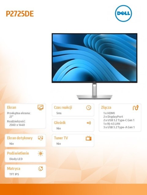 Dell Monitor 27 cali P2725DE IPS QHD LED/RJ45/HDMI/DP/USBC/3Y