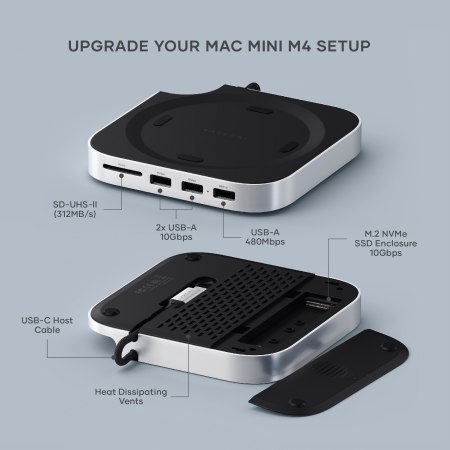 Satechi Mac Mini M4 Stand & Hub SSD - aluminiowa podstawka do Mac Mini z Hub USB-C (host USB-C 3.2 gen. 2, 2x USB-A 3.2 10Gpbs,U
