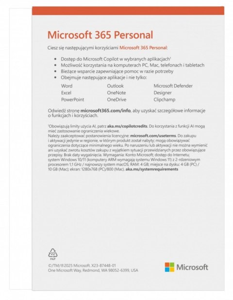 Microsoft M365 Personal PL 1Y 1U 5D Win/Mac Box EP2-32454 Zastępuje P/N: QQ2-01752