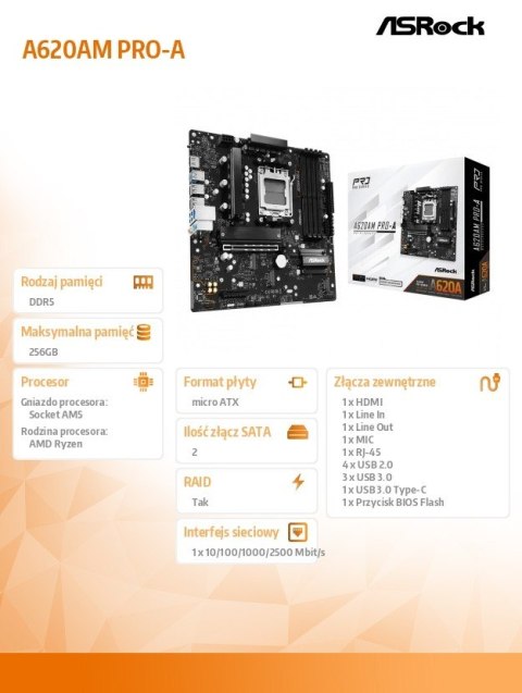 ASRock Płyta główna A620AM PRO-A AM5 4DDR5 HDMI M.2 mATX