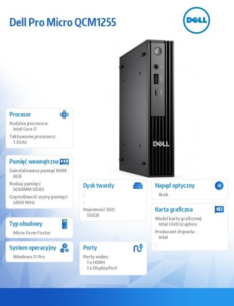Dell Komputer Dell Pro Micro QCM1250 W11Pro i7-14700T/8GB/512GB SSD CL35/Integrated/WLAN + BT/Kb/Mouse/3YPS