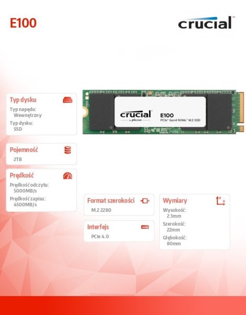 Crucial Dysk SSD E100 2TB M.2 NVMe 2280 PCIe 4.0 5000/4500 MB/s