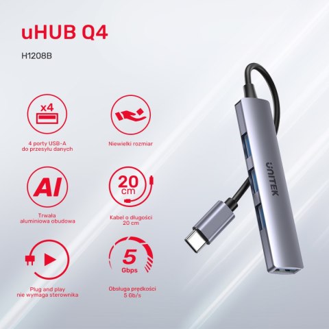 Unitek Hub USB-C 1*USB-A 5 Gbps, 3*USB-A 2.0 alu