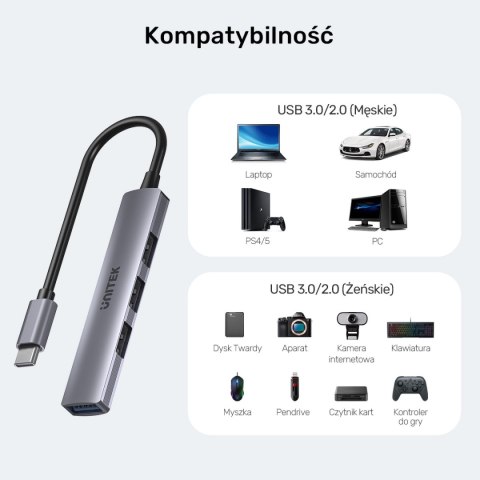 Unitek Hub USB-C 1*USB-A 5 Gbps, 3*USB-A 2.0 alu