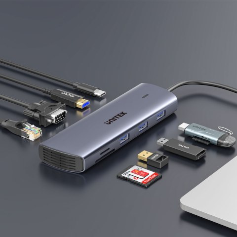 Unitek Hub 9w1 USB C Gigabit Ethernet HDMI VGA 3x USB A czytnik kart PD 100W