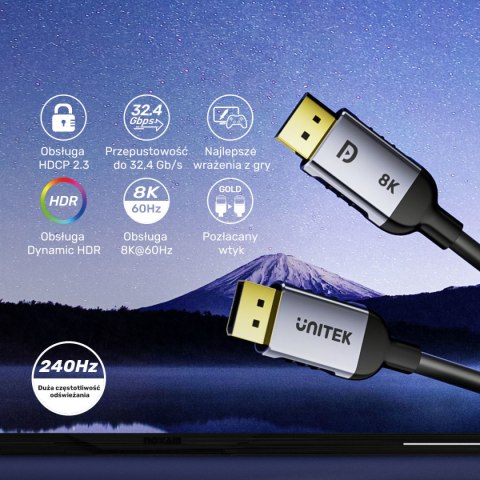 Unitek kabel DisplayPort 1.4 8k 60hz, 4k 240hz, HDR, HDCP 2.3, DSC 1.2, 3m