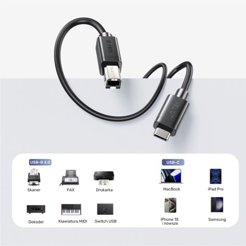 Unitek kabel do drukarki USB C na USB B 2.0 czarny 2m