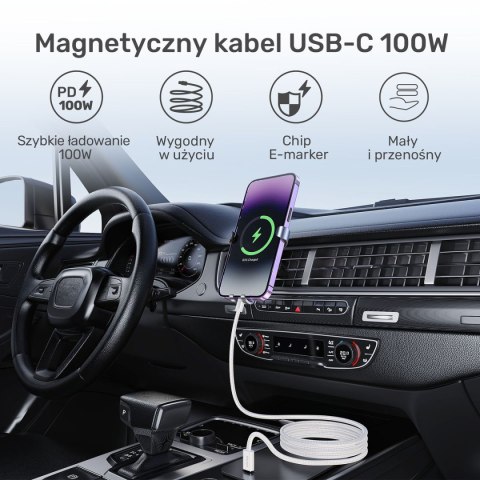 Unitek Kabel w oplocie zwijany magnetycznie USB C PD 100W beżowy 1m