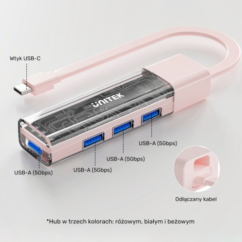 Unitek hub dwukierunkowy USB C/USB A 5Gbps, 4x USB A biały