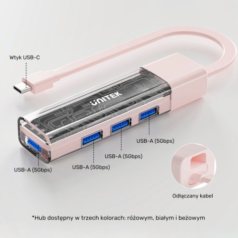 Unitek hub dwukierunkowy USB C/USB A 5Gbps, 4x USB A kremowy