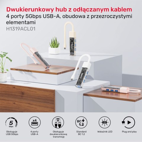 Unitek hub dwukierunkowy USB C/USB A 5Gbps, 4x USB A kremowy