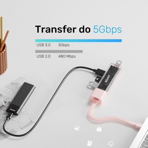 Unitek hub dwukierunkowy USB C/USB A 5Gbps, 4x USB A kremowy