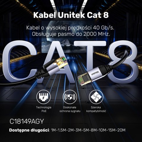 Unitek kabel Ethernet RJ-45 LAN, patchcord cat.8 (S/FTP), przewód sieciowy 1m