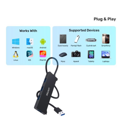 Unitek Hub USB-A 4 porty USB-A 5 Gbps
