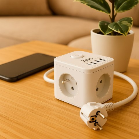 Kostka zasilająca 3-gniazdowa + ładowarka USB-A+USB-C 1,5m 3×1,5mm2 H05VV-F 16A/250V~ KERG Smart biała