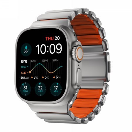 NOMAD Stratos Band - tytanowa bransoleta do Apple Watch 49mm z FKM (natural titanium, ultra orange FKM)