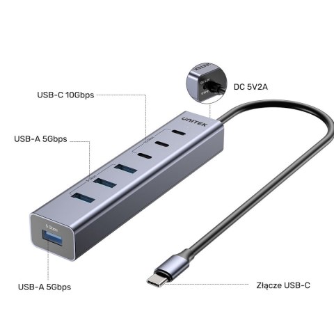 Unitek Aktywny Hub USB-C 3x USB-C 10Gbps 4x USB-A 5 Gbps z zasilaczem