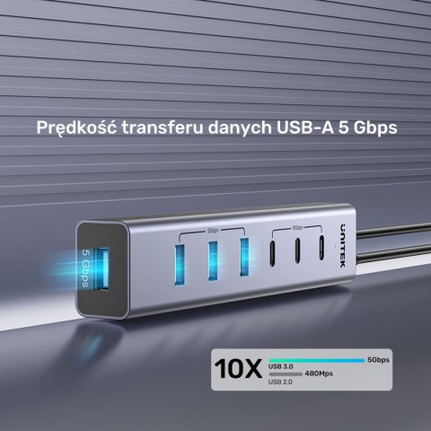 Unitek Aktywny Hub USB-C 3x USB-C 10Gbps 4x USB-A 5 Gbps z zasilaczem