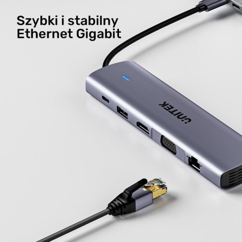 Unitek Hub USB-C 11w1 z obsługą dwóch monitorów | 4K@30Hz | RJ45 | PD 100 W | SD i microSD