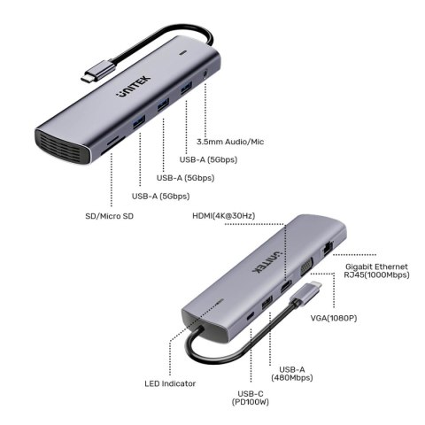 Unitek Hub USB-C 11w1 z obsługą dwóch monitorów | 4K@30Hz | RJ45 | PD 100 W | SD i microSD