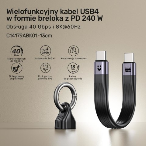 Unitek Kabel USB-C w formie breloka | USB4 | 40 Gb/s | 240W PD 8K | 13 cm, czarny