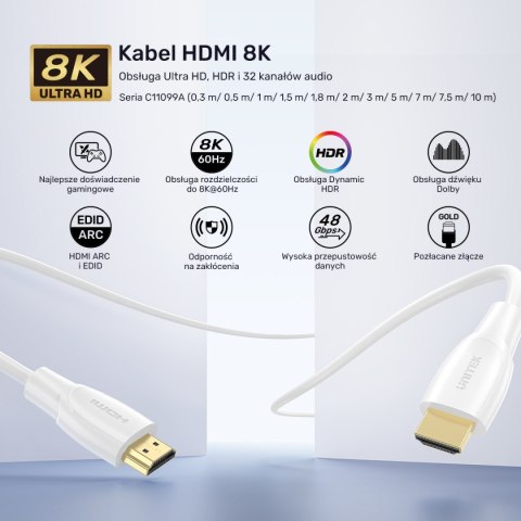 Unitek Kabel HDMI 2.1 8K HDR biały 10m