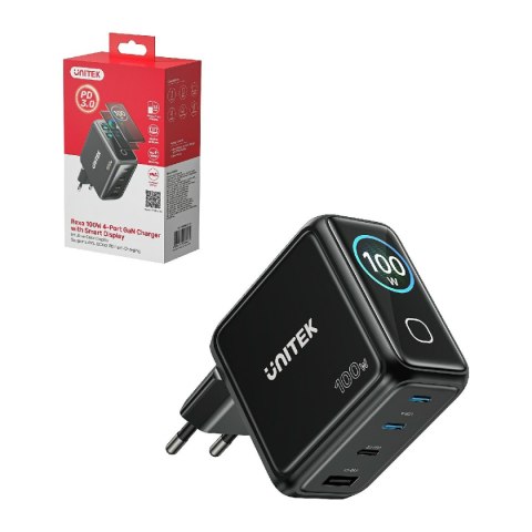 Unitek Ładowarka GaN z wyświetlaczem | 100W | 3xUSB-C | 1xUSB-A | PD3.0 | QC4.0