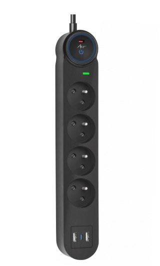 Urządzenie zabezp. p.przepięciowe SPD/przeciążeniowe ART z wył.4 gniazda-10A-2USB A+C-2.6A-czarny-1,5m-3x1,0mm2