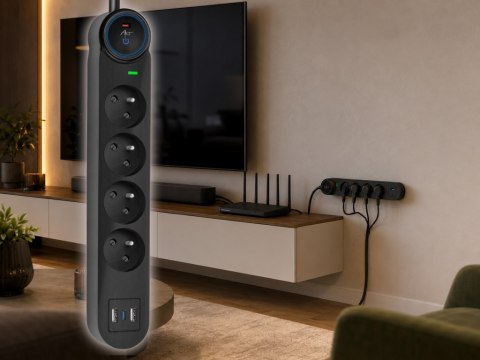 Urządzenie zabezp. p.przepięciowe SPD/przeciążeniowe ART z wył.4 gniazda-10A-2USB A+C-2.6A-czarny-1,5m-3x1,0mm2