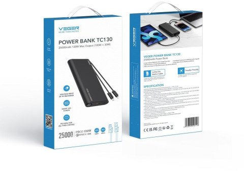 Powerbank Veger 25000 mAh 130 W PD QC 3.0 USB-A USB-C czarny z kablami USB-C i Lightning