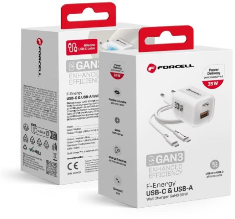 ŁADOWARKA SIECIOWA Forcell F-Energy GaN III VT-41 33 W 1x USB-C 1x USB-A PD 3.0 QC 4.0 BIAŁA