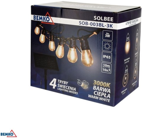 SOLARNA GIRLANDA OGRODOWA LED BEMKO SOLBEE 3W 3000K 10SZT 10M IP65 CZARNA C83-SOB-003BL-3K