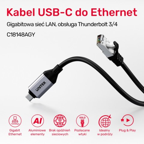 Unitek Kabel Ethernet USB C RJ-45 LAN, przewód sieciowy, 2m