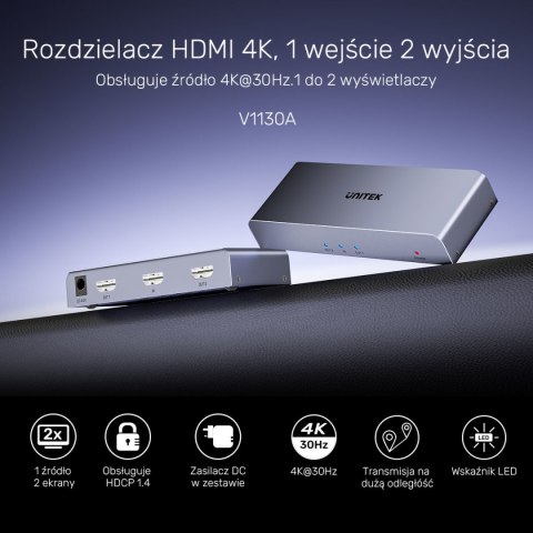 Unitek Rozgałęźnik sygnału HDMI 1 IN-2 OUT 4K