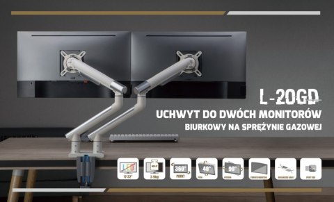 UCHWYT BIURKOWY GAZOWY DO 2 MONITORÓW LED/LCD 17-32" L-20GD ART 2-9kg 2xUSB 3.0 PREMIUM ALU