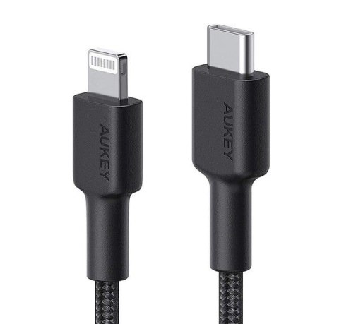 AUKEY CB-CL03 Black nylonowy kabel Lightning-USB C | USB Power Delivery USB-PD | 2m | certyfikat MFi Apple