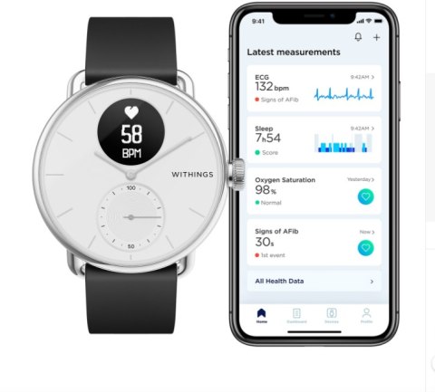 Withings Scanwatch - zegarek z funkcją EKG, pomiarem pulsu i SPO2 oraz mierzeniem aktywności fizycznej i snu (38mm, biały)