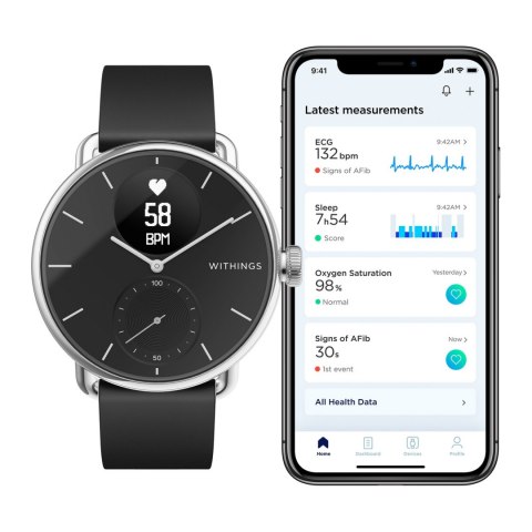 Withings Scanwatch - zegarek z funkcją EKG, pomiarem pulsu i SPO2 oraz mierzeniem aktywności fizycznej i snu (38mm, czarny)