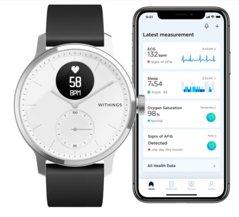 Withings Scanwatch - zegarek z funkcją EKG, pomiarem pulsu i SPO2 oraz mierzeniem aktywności fizycznej i snu (42mm, biały)