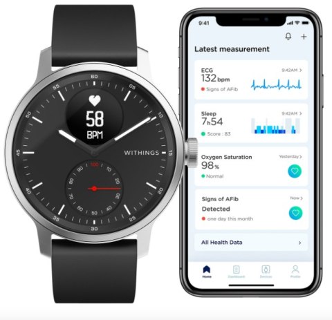 Withings Scanwatch - zegarek z funkcją EKG, pomiarem pulsu i SPO2 oraz mierzeniem aktywności fizycznej i snu (42mm, czarny)