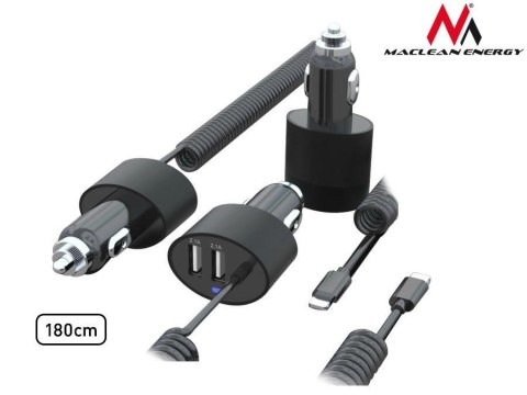 Ładowarka samochodowa Maclean MCE76 2xUSB, lightning spiralny 1,8m 5,2A