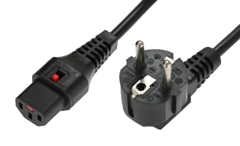 Kabel połączeniowy zasilający z blokadą IEC LOCK Schuko kątowy/C13 prosty M/Ż 2m czarny